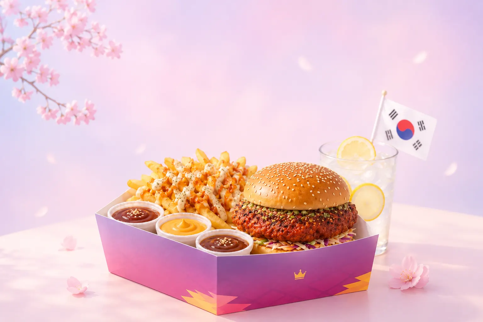 Korean Box : burger de poulet coréen, frites assaisonnées et yuzu lemonade