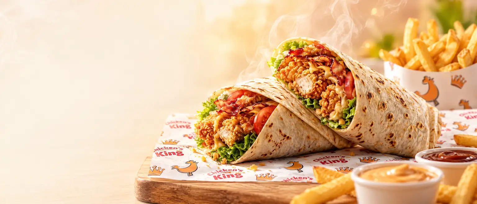 Deux Smokey Wraps au poulet croustillant et bacon, frites et sauces