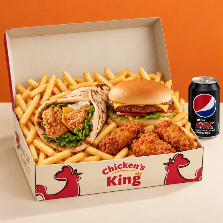 Box Maxi Chick'n Naan servie dans la boîte Chicken's King : naan au poulet pané, cheeseburger, trois wings et frites, avec une canette