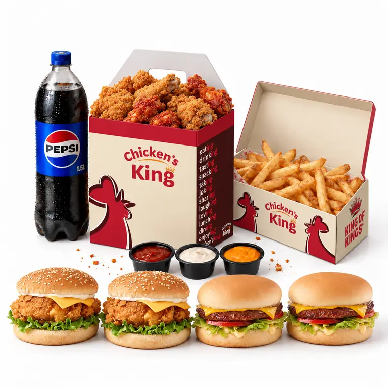 Deux filet burgers, deux cheeseburgers, box de tenders et wings, frites XXL et bouteille de 1,5 L
