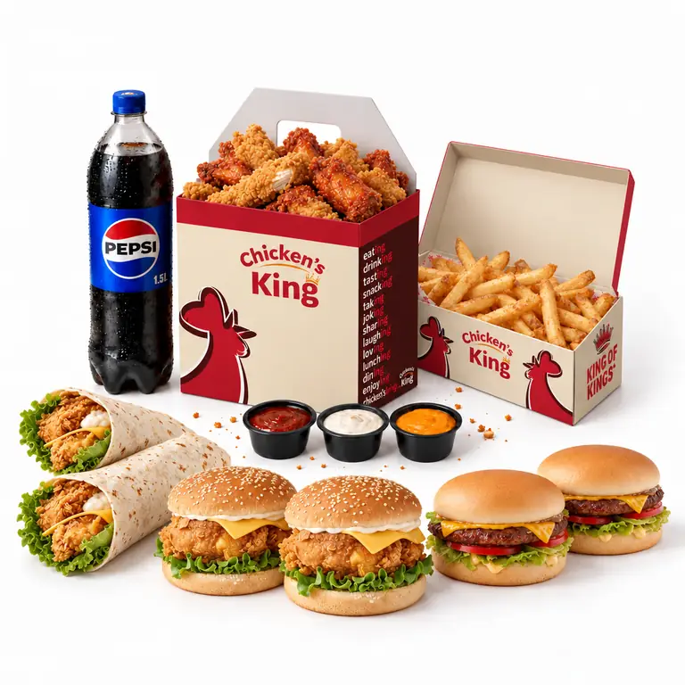 Deux poulet wraps, deux filet burgers, deux cheeseburgers, box de tenders et wings, frites XXL et bouteille de 1,5 L