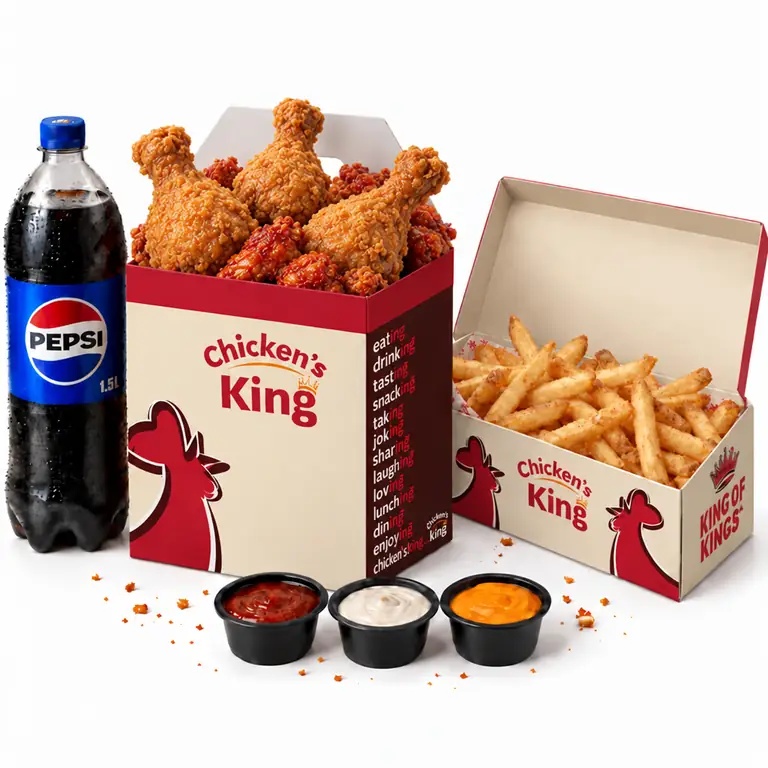 Box familiale de pièces de poulet et wings, frites, sauces et bouteille de 1,5 L
