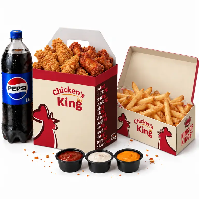 Box familiale de tenders et wings, frites, sauces et bouteille de 1,5 L