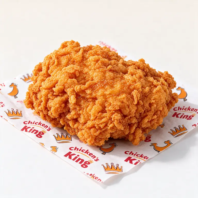 Une grande pièce de poulet frit sur un papier Chicken's King