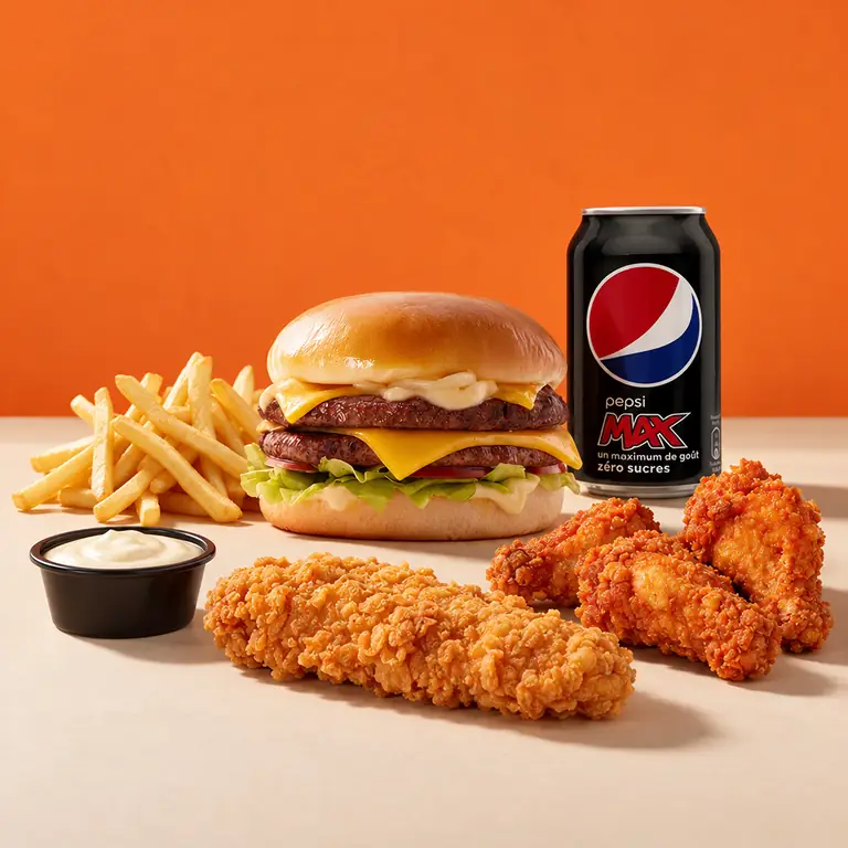 Double cheese, un tender, trois wings, frites, sauce et canette