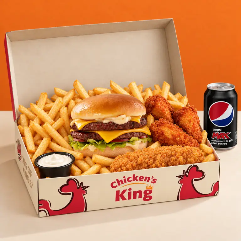 King Box Double Cheese servie dans la boîte Chicken's King : burger, trois wings, un tender, frites et sauce, avec une canette