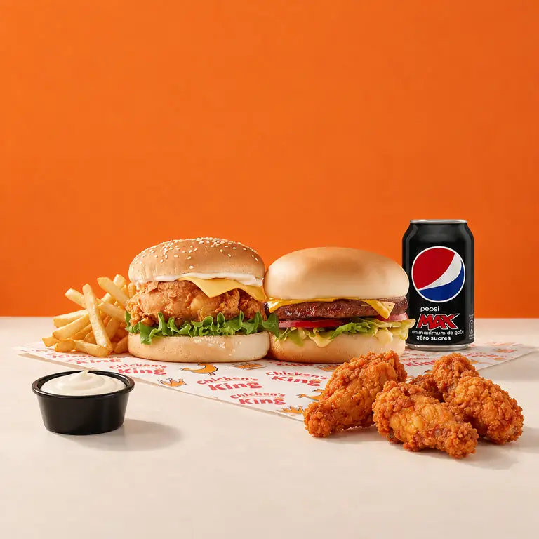 Filet burger, cheeseburger, trois wings, frites, sauce et canette