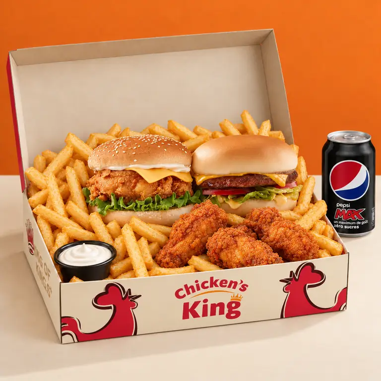 King Box Filet Burger + Cheeseburger servie dans la boîte Chicken's King : deux burgers, trois wings, frites et sauce, avec une canette