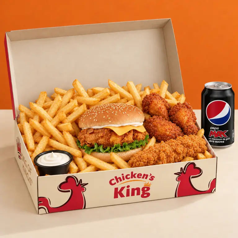 King Box Filet Burger servie dans la boîte Chicken's King : burger, trois wings, un tender, frites et sauce, avec une canette
