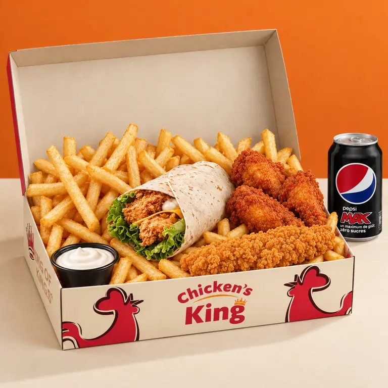 King Box Poulet Wrap servie dans la boîte Chicken's King : wrap, trois wings, un tender, frites et sauce, avec une canette
