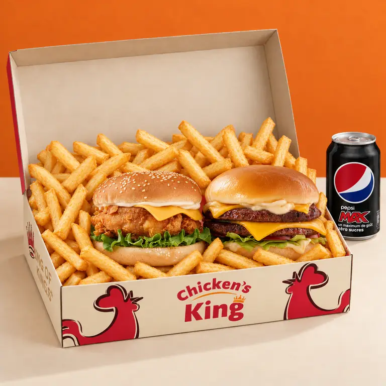 Filet burger et double cheese servis dans la boîte Chicken's King avec des frites, et une canette