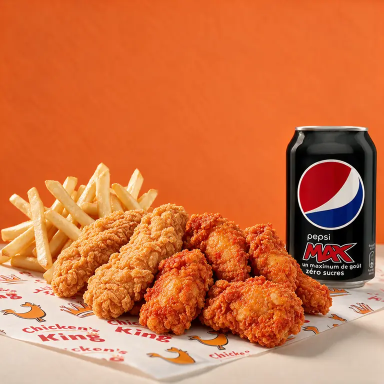 Tenders panés et spicy wings, frites et canette