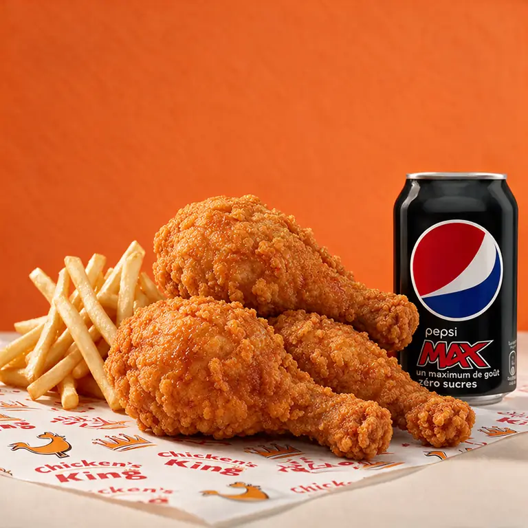 Trois grandes pièces de poulet frit, frites et canette