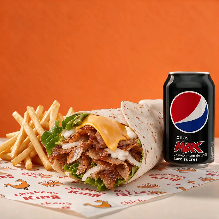 Wrap à la viande kebab, fromage fondu et salade, frites et canette