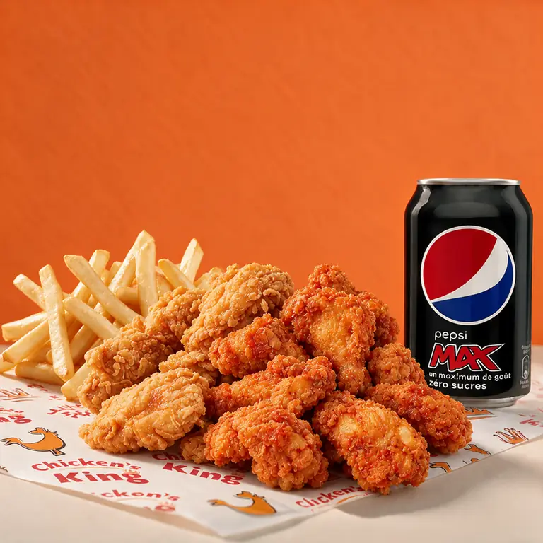 Tenders panés et spicy wings, frites et canette