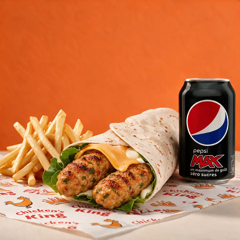 Wrap au seekh kebab de poulet grillé et fromage fondu, frites et canette