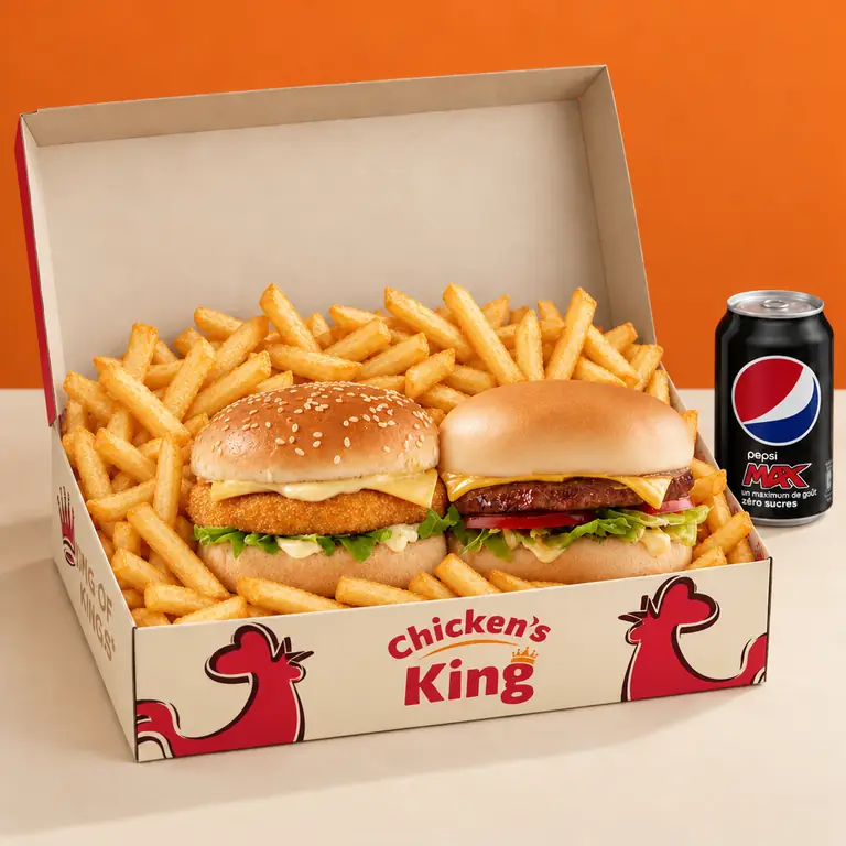Burger poulet steak et cheeseburger servis dans la boîte Chicken's King avec des frites, et une canette