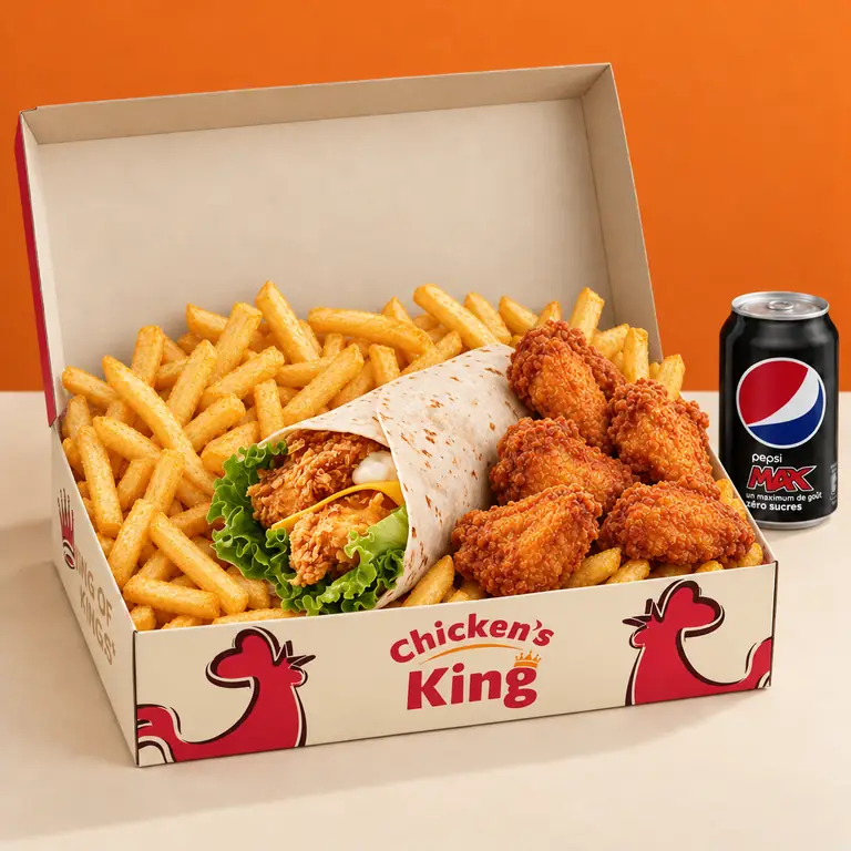 Menu Poulet Wrap servi dans la boîte Chicken's King : wrap, cinq wings et frites, avec une canette