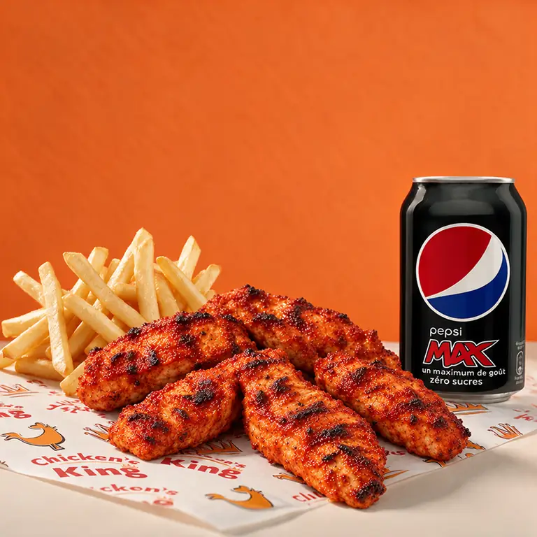 Tikka strips de poulet grillés, frites et canette