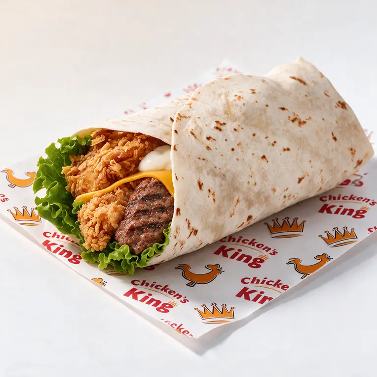Wrap au poulet pané et steak de bœuf grillé, fromage fondu et salade