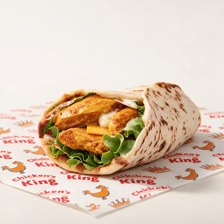 Naan au poulet mariné au curry, fromage fondu et salade