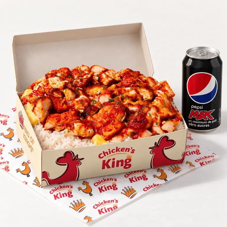 Riz crousti au poulet tandoori servi dans la boîte Chicken's King, avec une canette