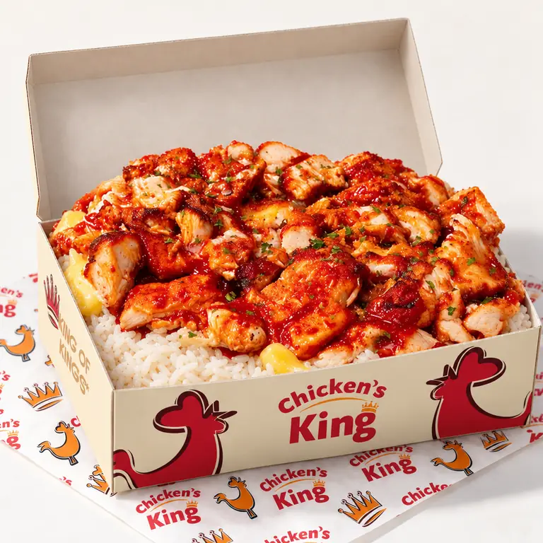Riz crousti au poulet tandoori servi dans la boîte Chicken's King