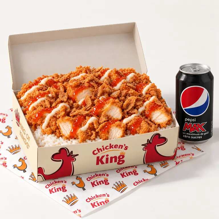 Riz crousti aux tenders servi dans la boîte Chicken's King, avec une canette